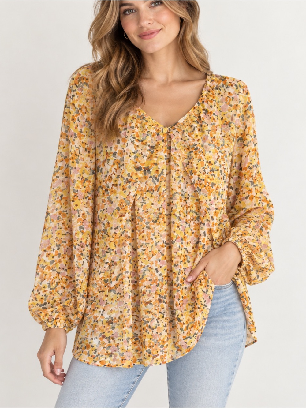 Promesa Floral V-Neck Long Sleeve Blouse Small